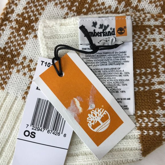 Timberland Scarf Womens OS One Size Gold White Plaid Ribbed Trim Neck Warmer - Picture 4 of 5